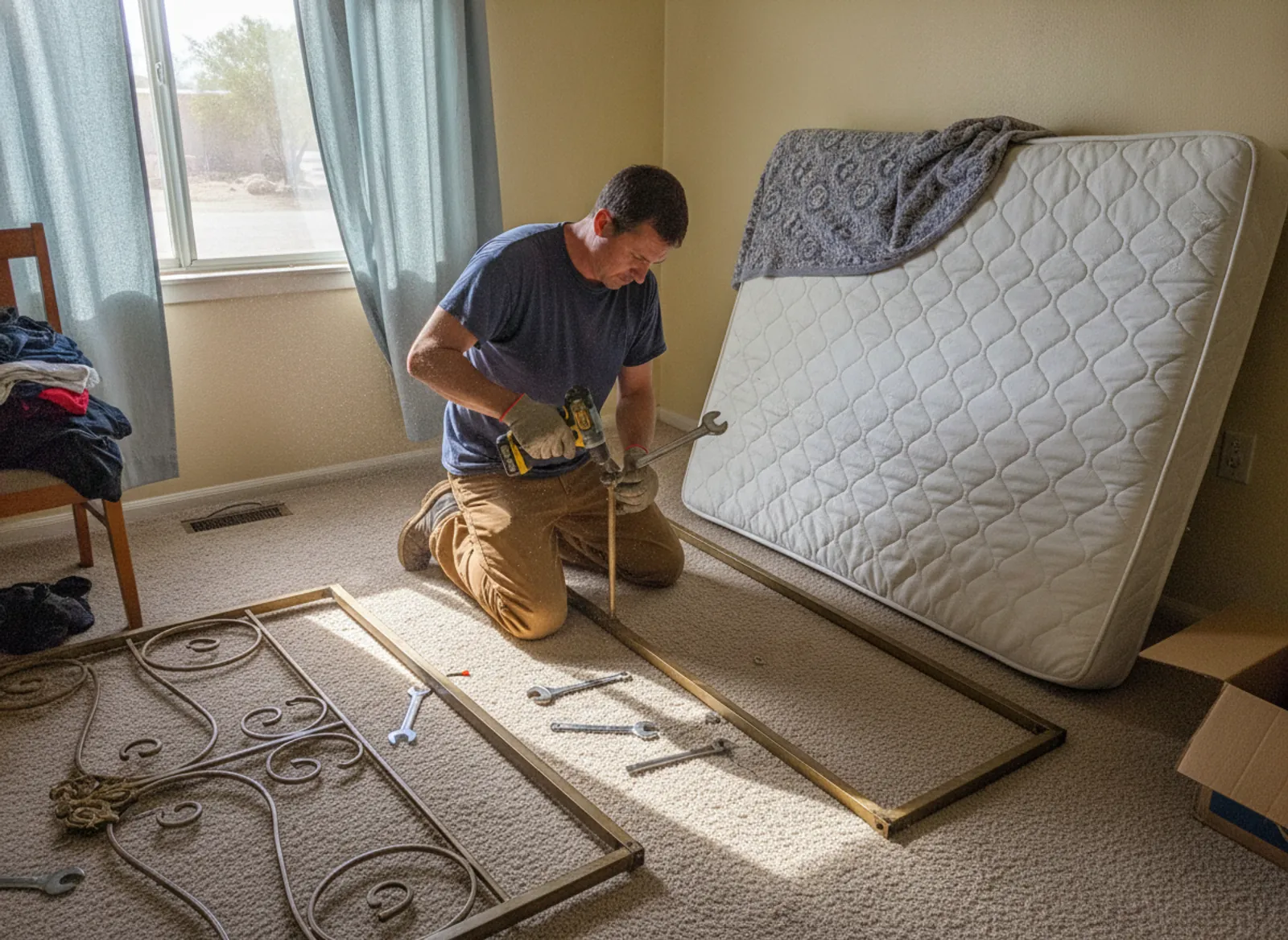 Mattress Removal Las Cruces worker breaking down a metal bed frame in a Las Cruces, NM bedroom
