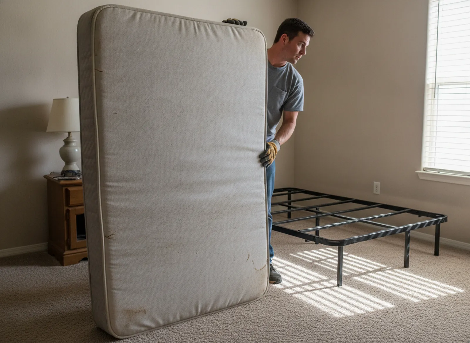 Worker removing an old box spring foundation during a mattress pickup in Las Cruces, NM